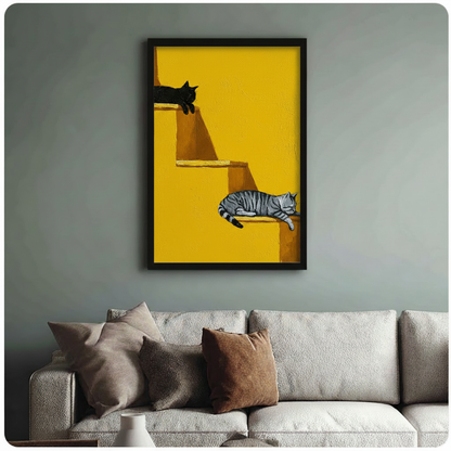 Two Lazy Cats Yellow Wall Canvas Art Wall Art