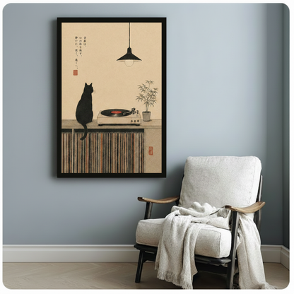 Japandi Black Cat Vinyl Record Canvas Wall Art