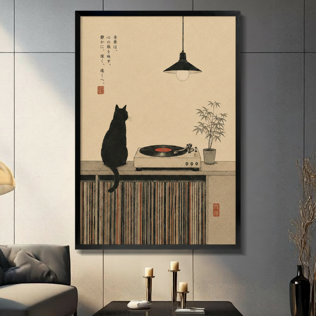Japandi Black Cat Vinyl Record Canvas Wall Art