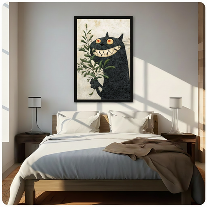 Gothic Black Cat Botanical Framed Canvas Art Wall Art