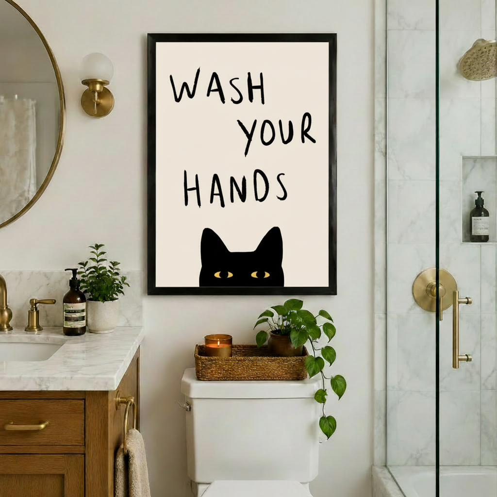 Wash Your Hands Black Cat Funny Bathroom Canvas