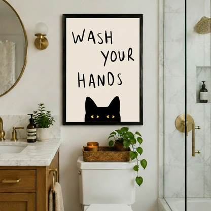 Wash Your Hands Black Cat Funny Bathroom Canvas