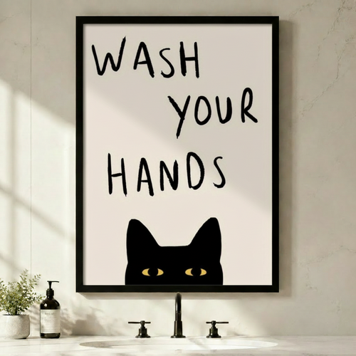 Wash Your Hands Black Cat Funny Bathroom Canvas