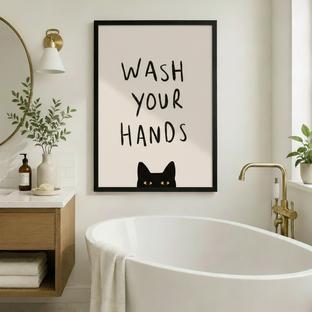 Wash Your Hands Black Cat Funny Bathroom Canvas