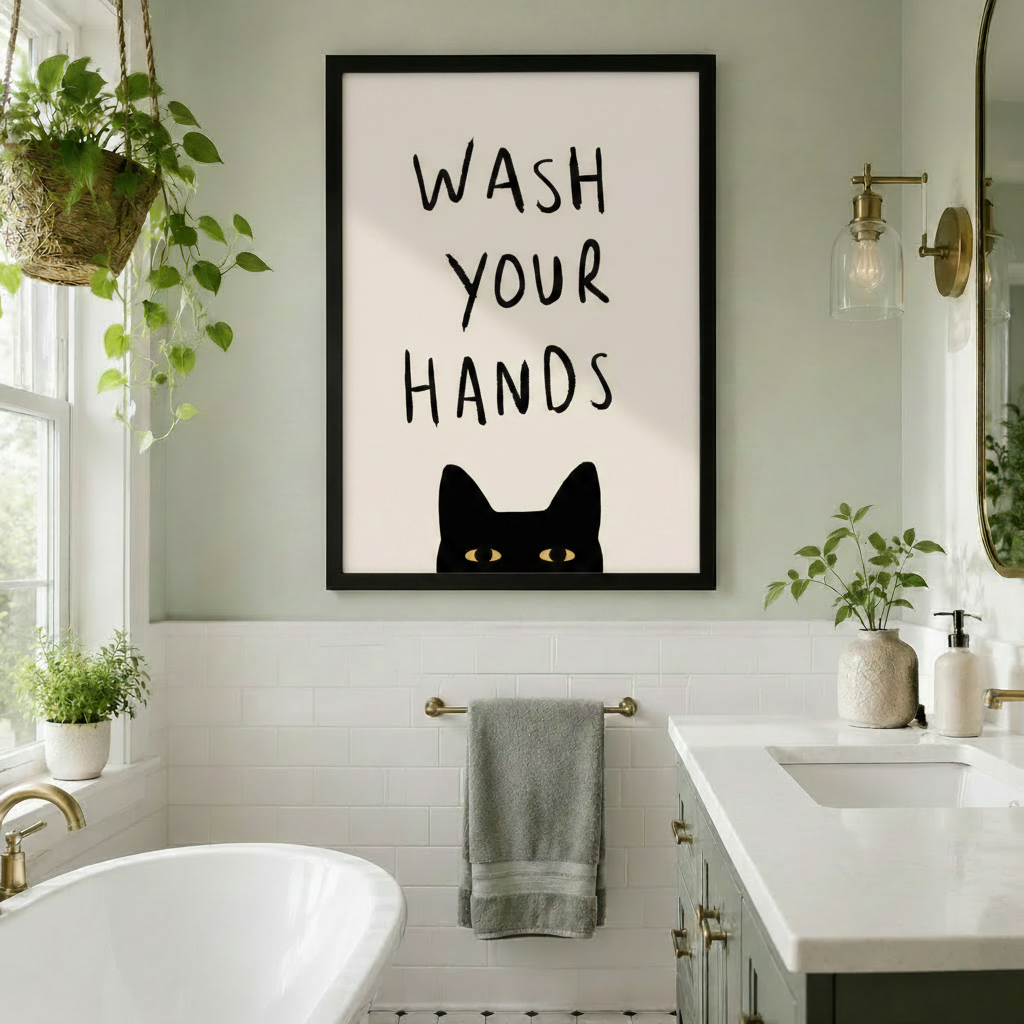 Wash Your Hands Black Cat Funny Bathroom Canvas