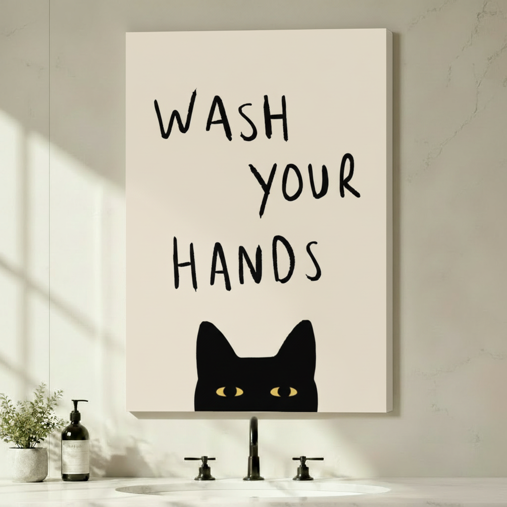 Wash Your Hands Black Cat Funny Bathroom Canvas