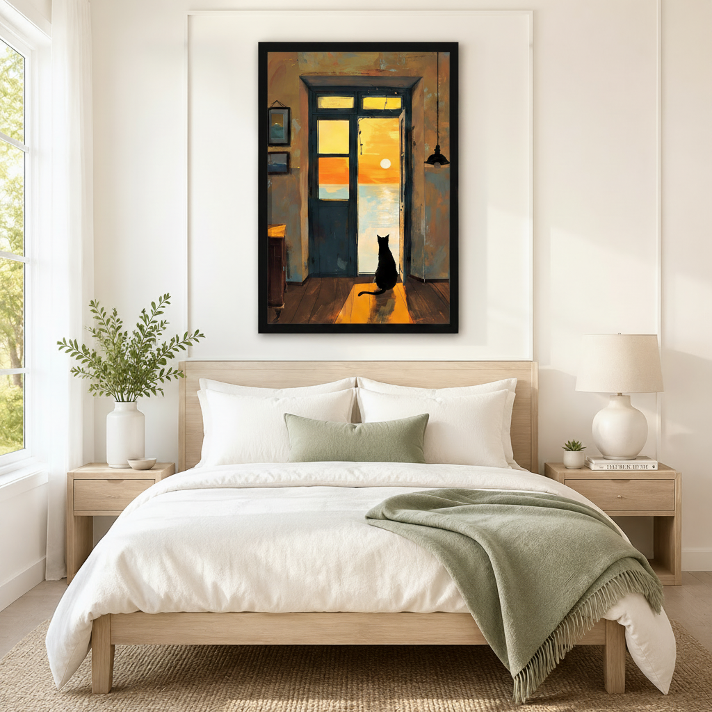 Black Cat Sunset Ocean View Canvas Art Wall Art