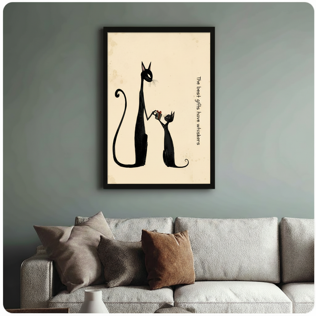 Retro Black Cat Gift Framed Canvas Wall Art