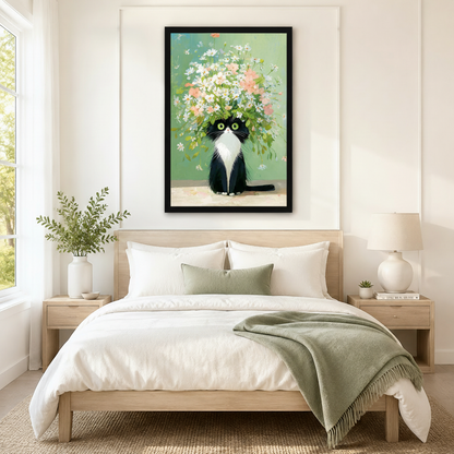 Floral Tuxedo Cat Whimsical Canvas Wall Art