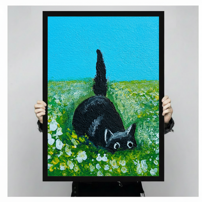 Black Cat Wildflower Meadow Oil Canvas Wall Art
