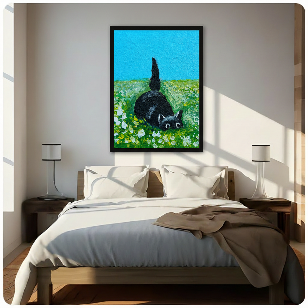 Black Cat Wildflower Meadow Oil Canvas Wall Art