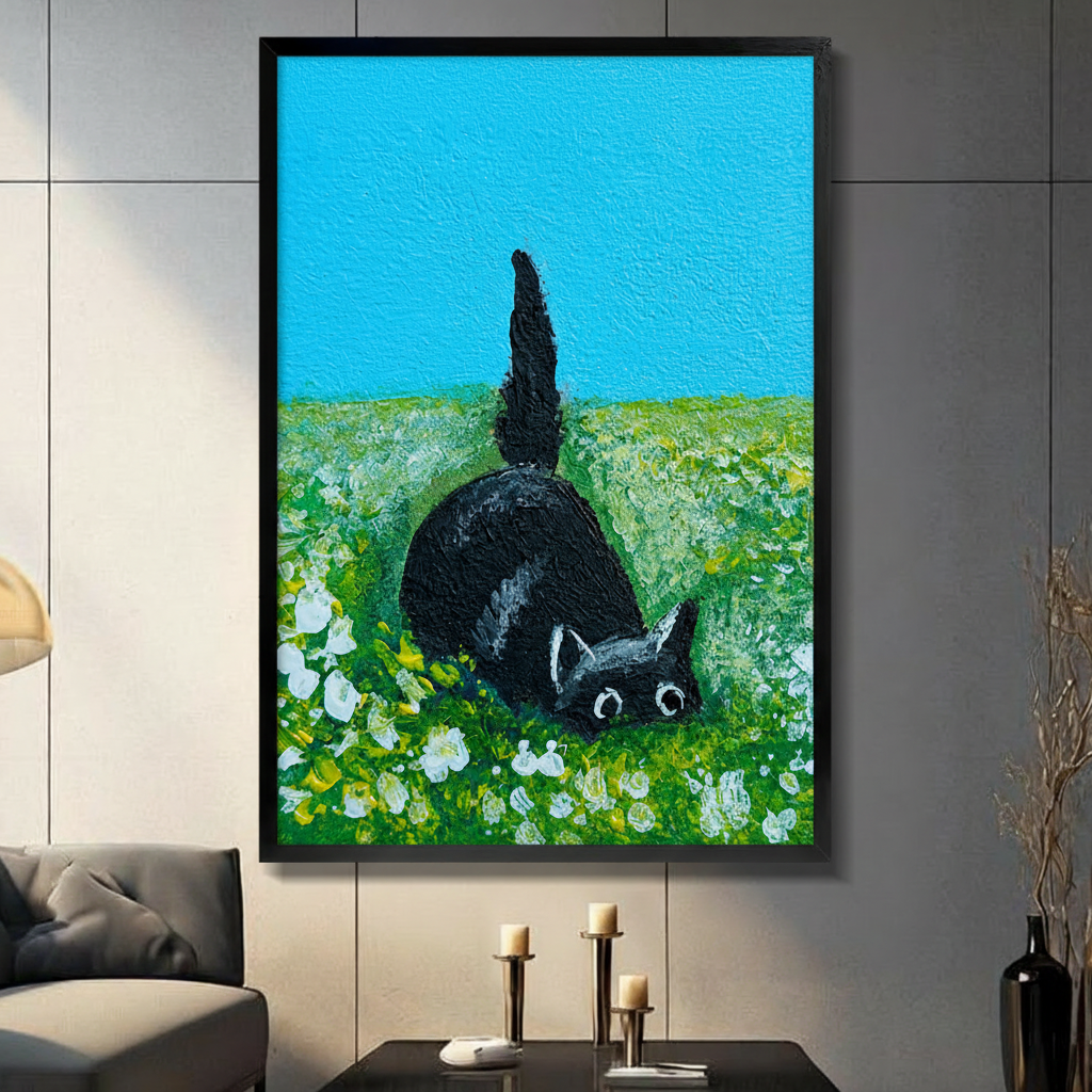 Black Cat Wildflower Meadow Oil Canvas Wall Art