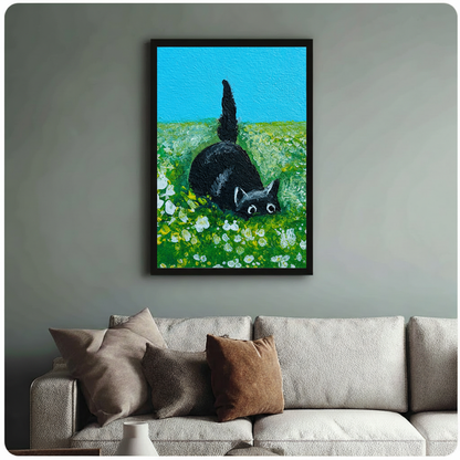 Black Cat Wildflower Meadow Oil Canvas Wall Art