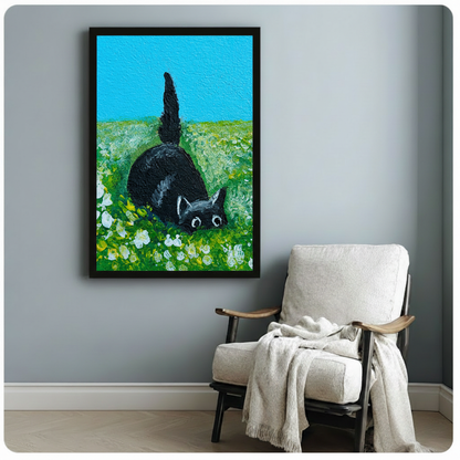 Black Cat Wildflower Meadow Oil Canvas Wall Art
