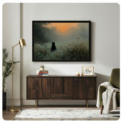 Black Cat Sunrise Misty Meadow Framed Print Canvas Wall Art
