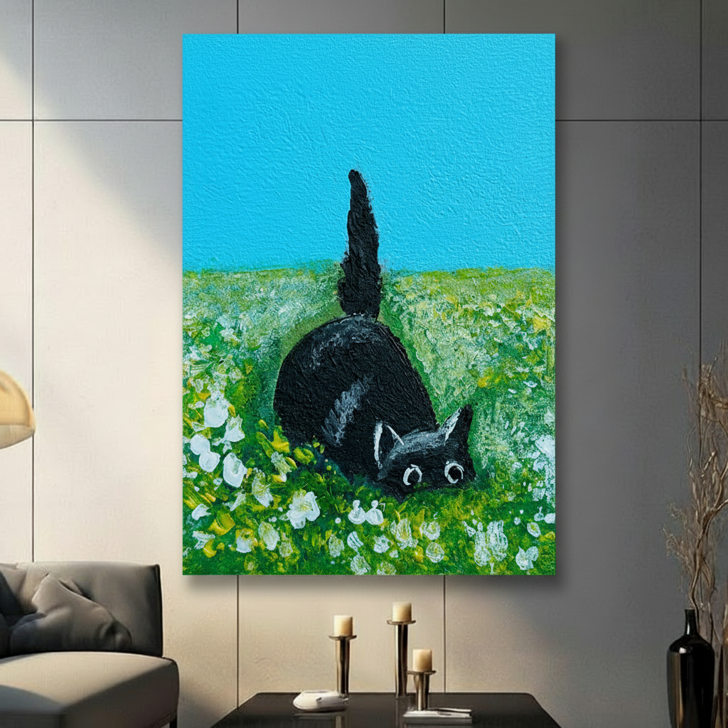 Black Cat Wildflower Meadow Oil Canvas Wall Art