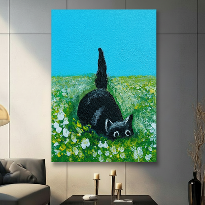 Black Cat Wildflower Meadow Oil Canvas Wall Art