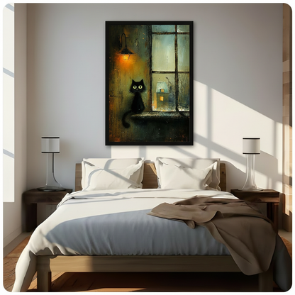 Rainy Night Black Cat Window Canvas Art Wall Art