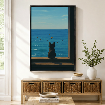 Minimalist Black Cat Ocean View Canvas Art Wall Art