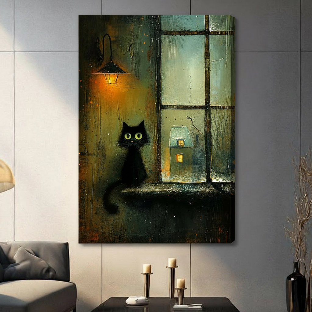 Rainy Night Black Cat Window Canvas Art Wall Art