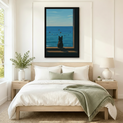 Minimalist Black Cat Ocean View Canvas Art Wall Art