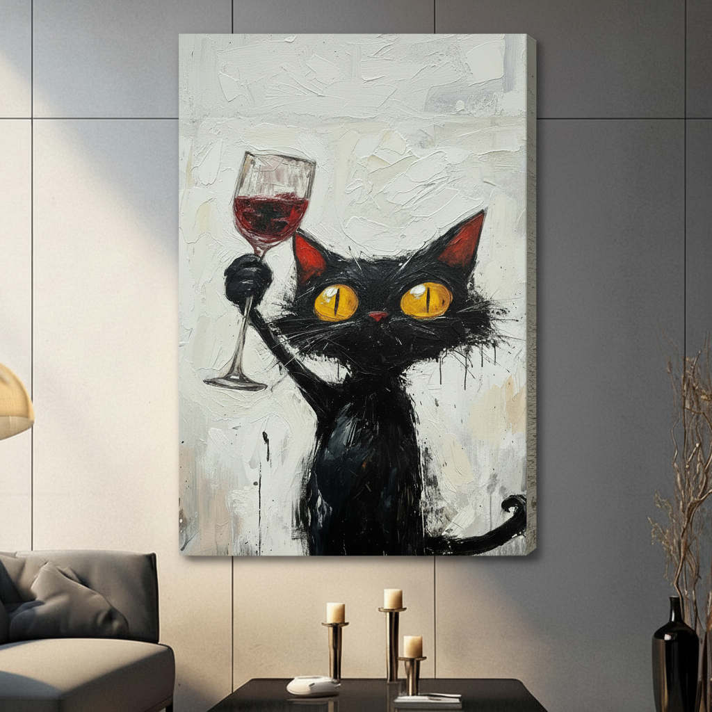 Funny Black Cat Red Wine Impasto Canvas Art Wall Art