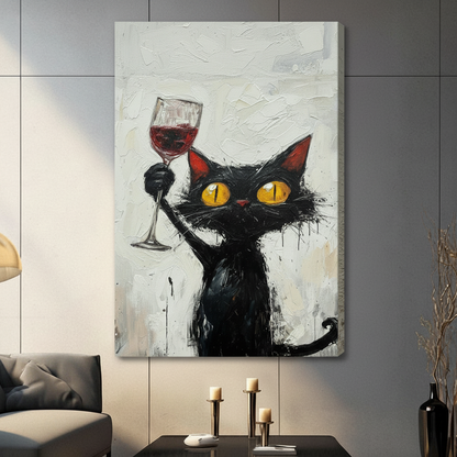 Funny Black Cat Red Wine Impasto Canvas Art Wall Art