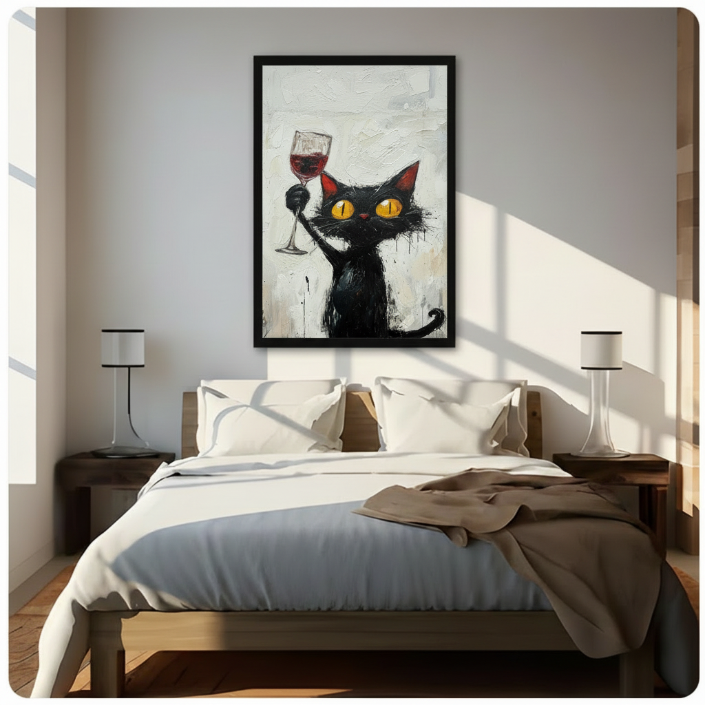 Funny Black Cat Red Wine Impasto Canvas Art Wall Art