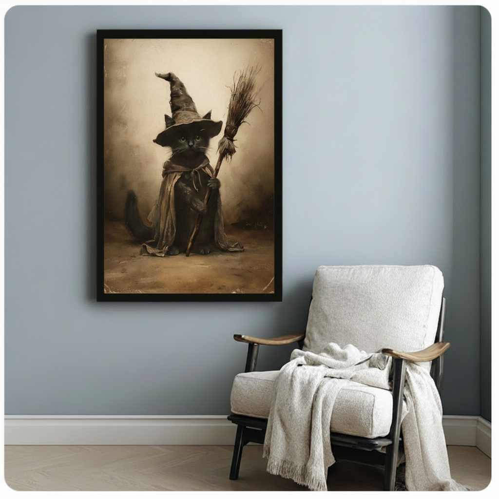 Vintage Witch Cat Dark Academia Canvas Art Wall Art