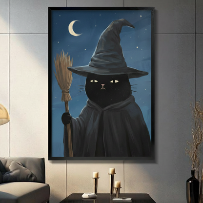 Black Cat Witch Hat Broom Moon Canvas Wall Art