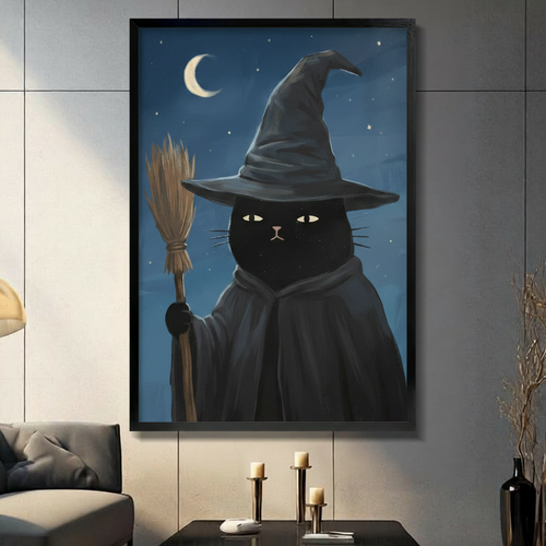Black Cat Witch Hat Broom Moon Canvas Wall Art