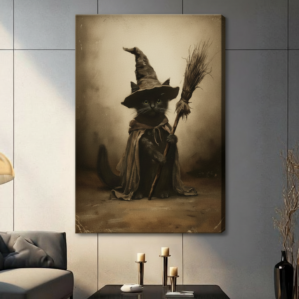 Vintage Witch Cat Dark Academia Canvas Art Wall Art