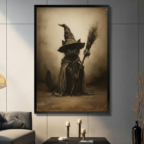 Vintage Witch Cat Dark Academia Canvas Art Wall Art