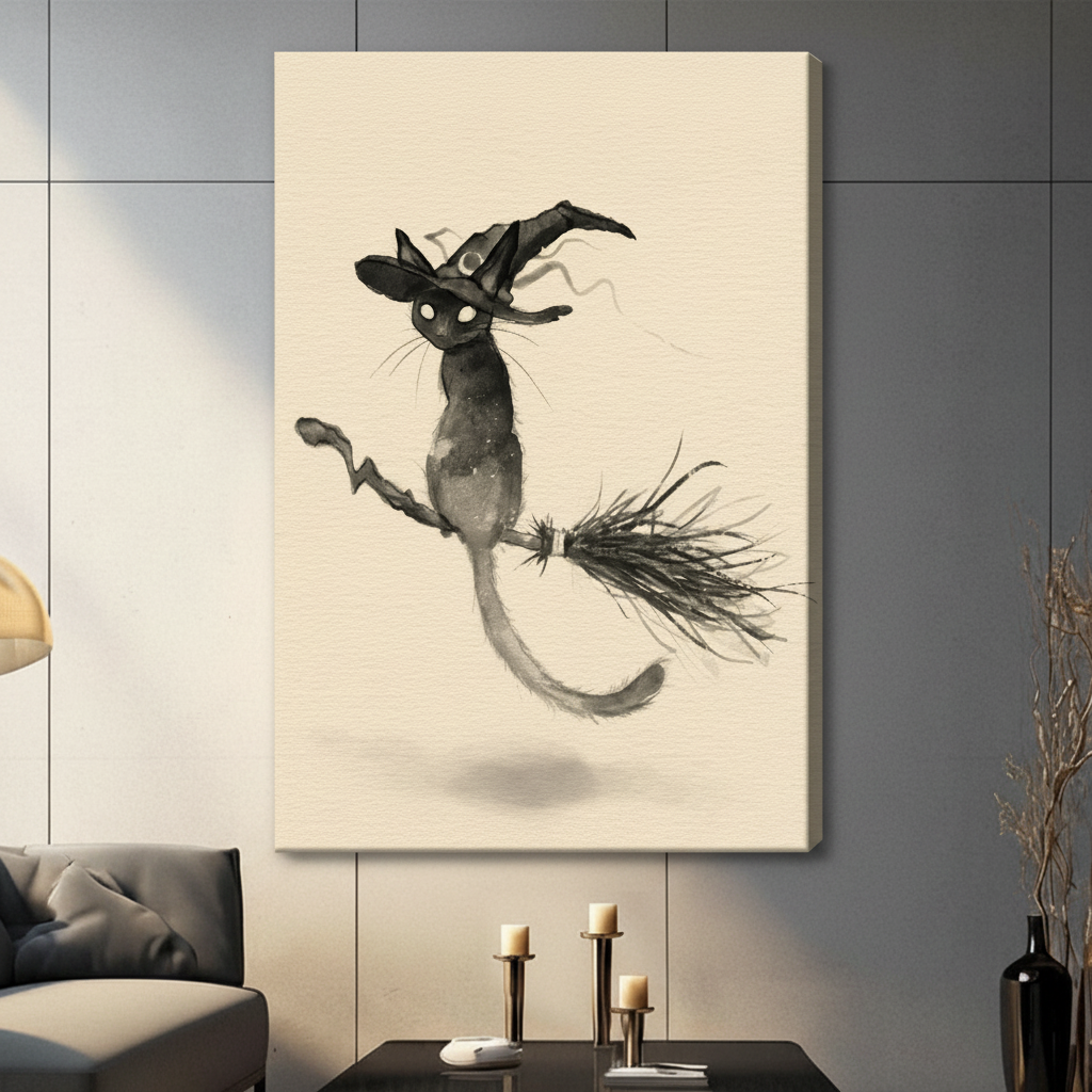 Ink Wash Flying Witch Cat Canvas Art Wall Art