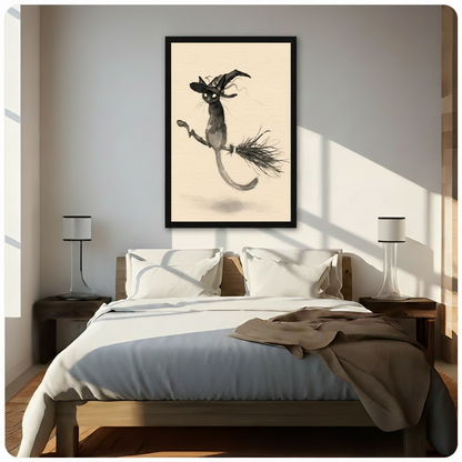 Ink Wash Flying Witch Cat Canvas Art Wall Art