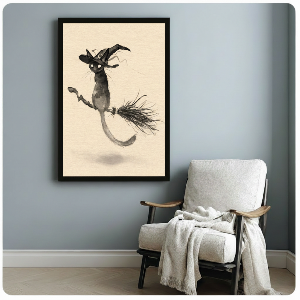 Ink Wash Flying Witch Cat Canvas Art Wall Art
