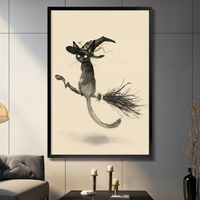 Ink Wash Flying Witch Cat Canvas Art Wall Art