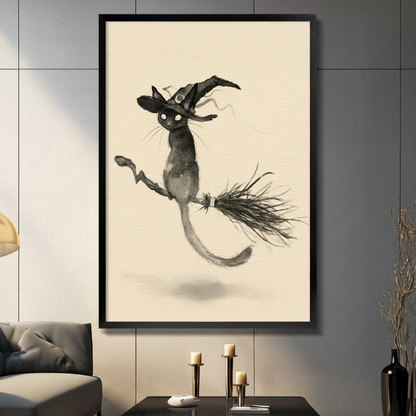 Ink Wash Flying Witch Cat Canvas Art Wall Art