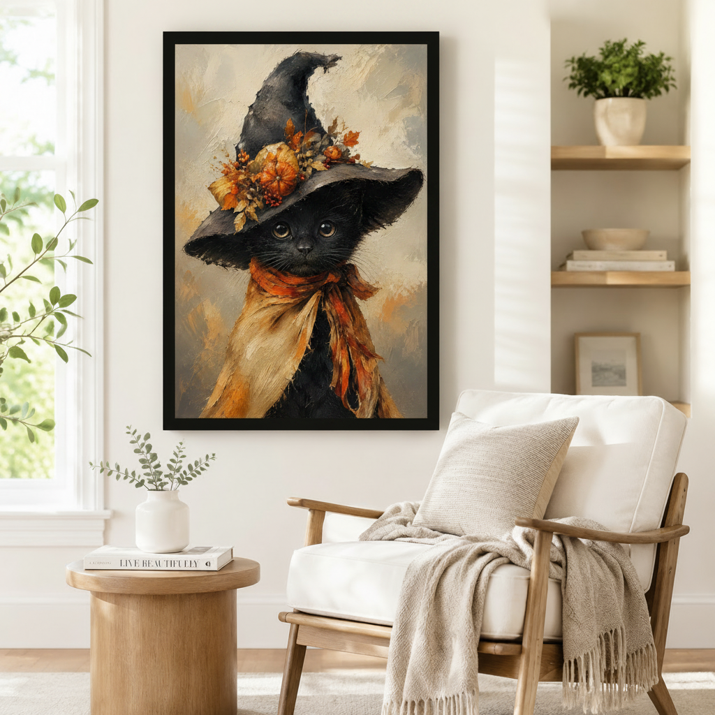 Halloween Witch Hat Black Cat Canvas Wall Art