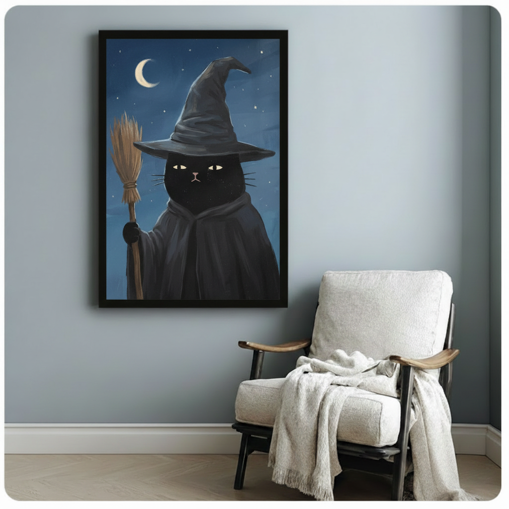 Black Cat Witch Hat Broom Moon Canvas Wall Art