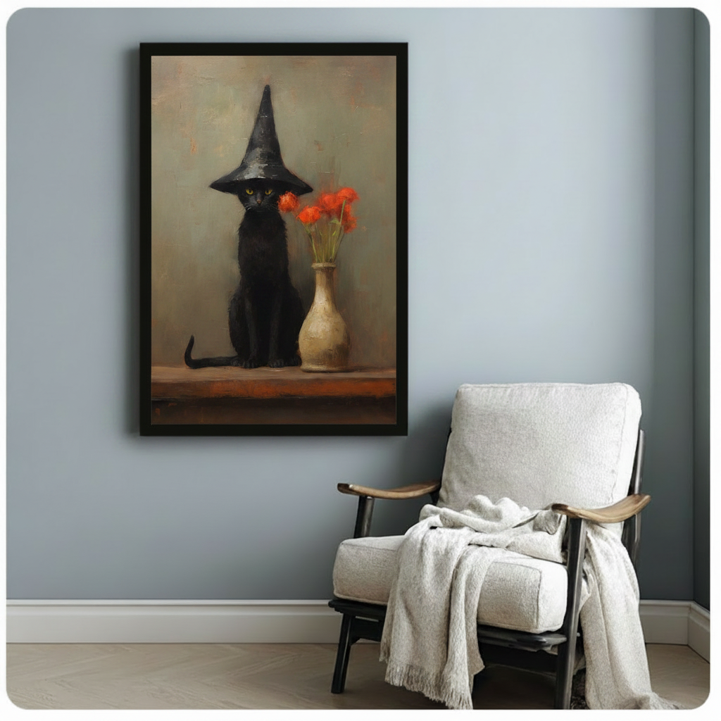 Witch Hat Black Cat Vintage Canvas Wall Art
