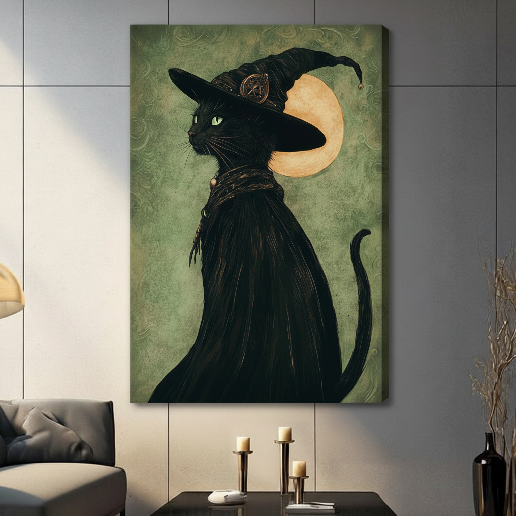 Gothic Black Cat Witch Hat Canvas Wall Art