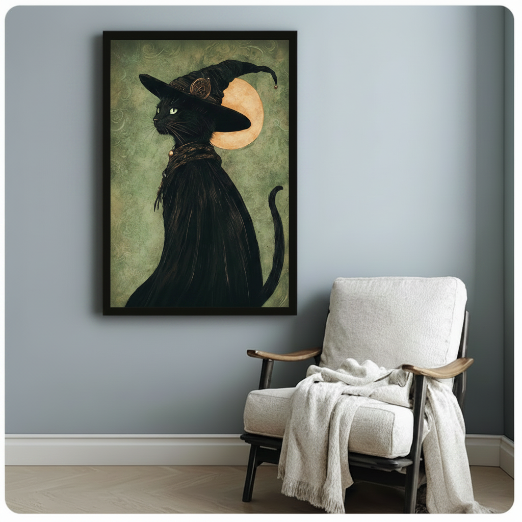 Gothic Black Cat Witch Hat Canvas Wall Art
