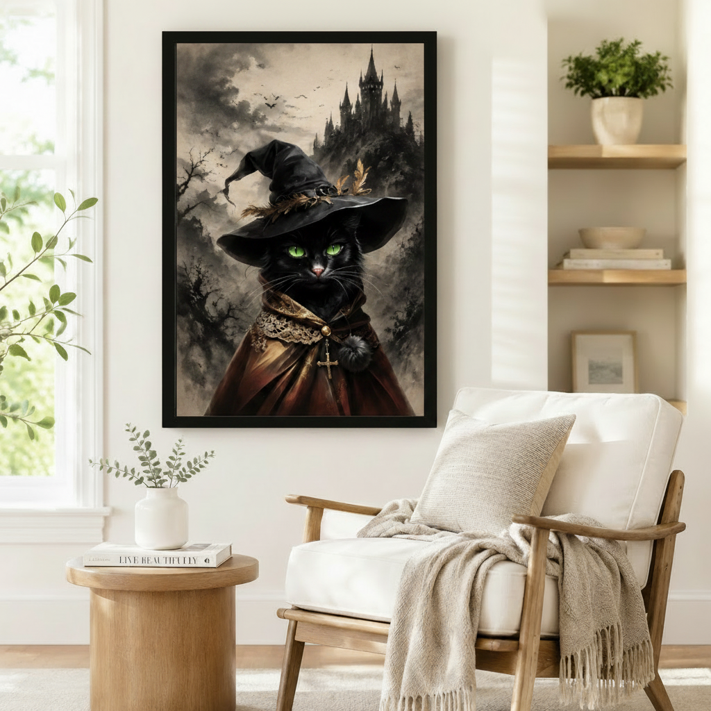 Gothic Black Cat Witch Framed Canvas Art Wall Art