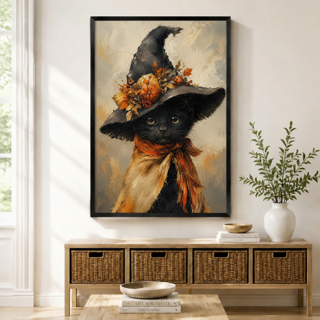 Halloween Witch Hat Black Cat Canvas Wall Art