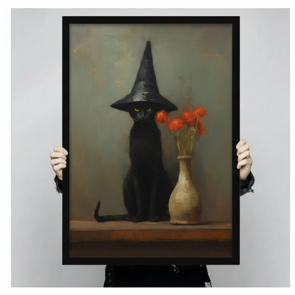 Witch Hat Black Cat Vintage Canvas Wall Art