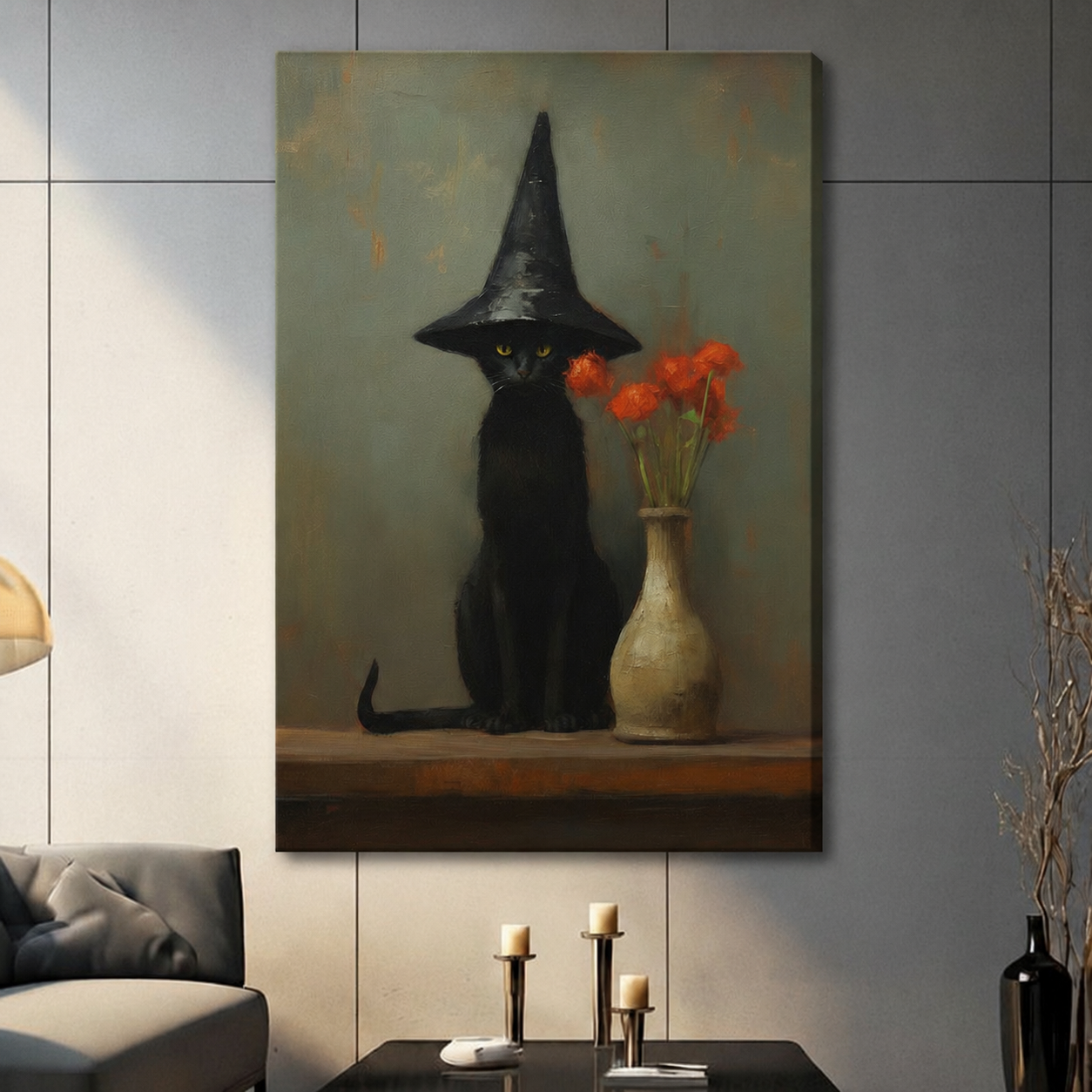 Witch Hat Black Cat Vintage Canvas Wall Art