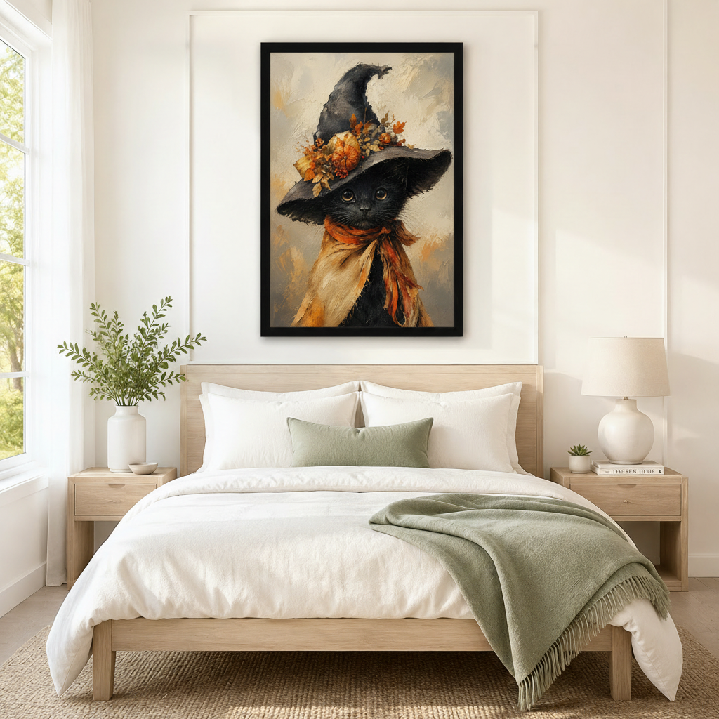 Halloween Witch Hat Black Cat Canvas Wall Art