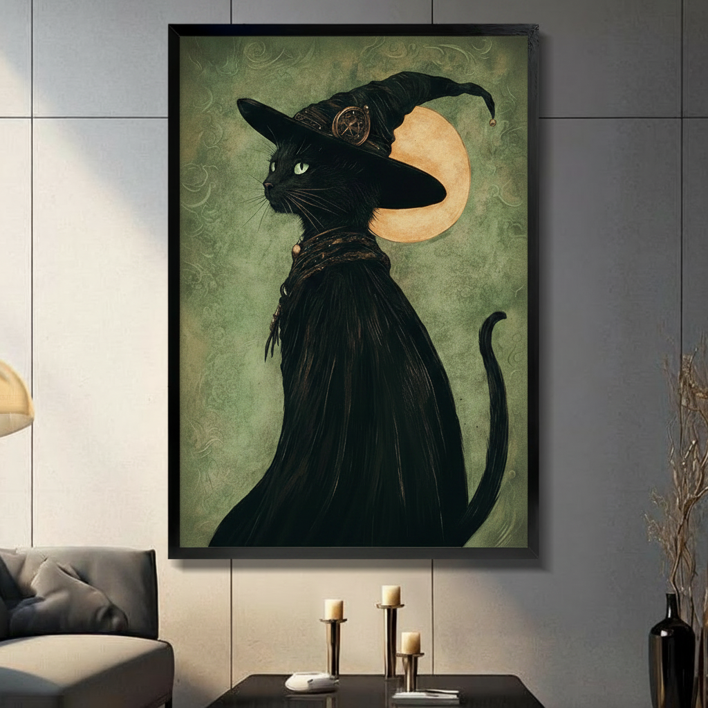 Gothic Black Cat Witch Hat Canvas Wall Art