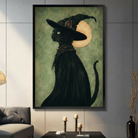 Gothic Black Cat Witch Hat Canvas Wall Art